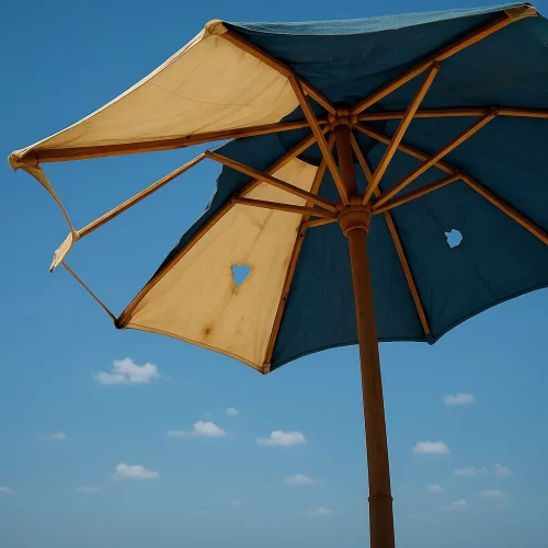 Vista inferior de um guarda-sol com o tecido danificado e rasgado
