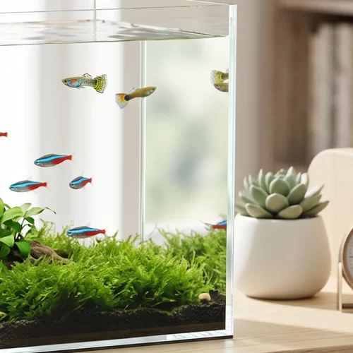 Aquário pequeno com guppies e tetras sobre secretária de madeira