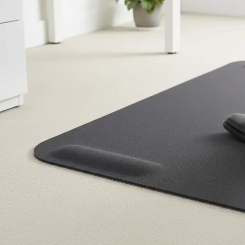 Tapete preto com cantos arredondados colocado por baixo de uma cadeira de escritório ergonómica