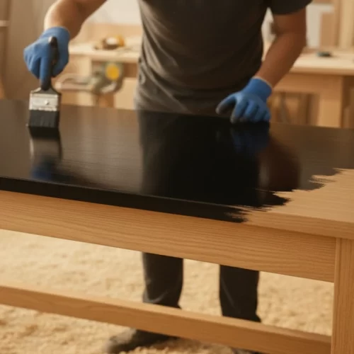 Aplicação de tinta preta com um pincel sobre a superfície da secretária