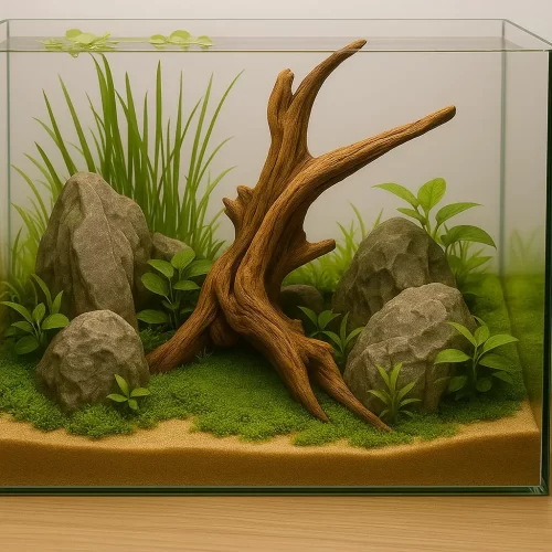 Aquascape com madeira, pedras e plantas aquáticas verdes.