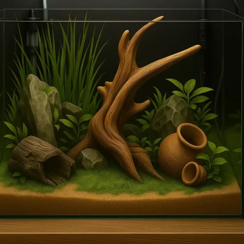 Aquascape minimalista com madeira, pedras, plantas altas e vasos de barro.