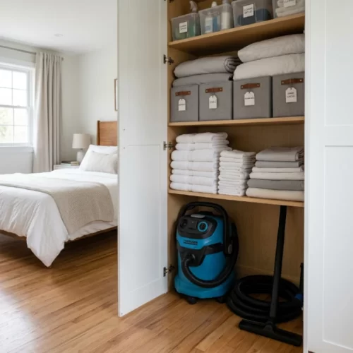Aspirador azul guardado num armário de roupa de cama