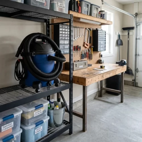 Aspirador azul sobre uma estante metálica na garagem