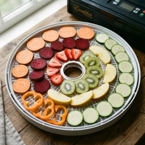 Tabuleiro circular de desidratador com batata-doce, beterraba, morangos, kiwi, maçã e curgete dispostos numa única camada.