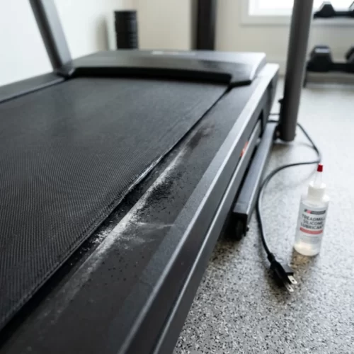 Frasco de lubrificante de silicone junto à passadeira com marcas de fricção