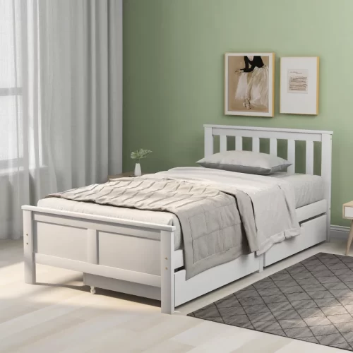 Cama sommier branca com gaveta de arrumação por baixo do colchão