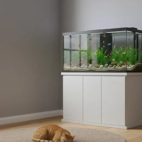Como proteger os peixes de perigos externos - gato a descansar junto a um aquário sobre um móvel