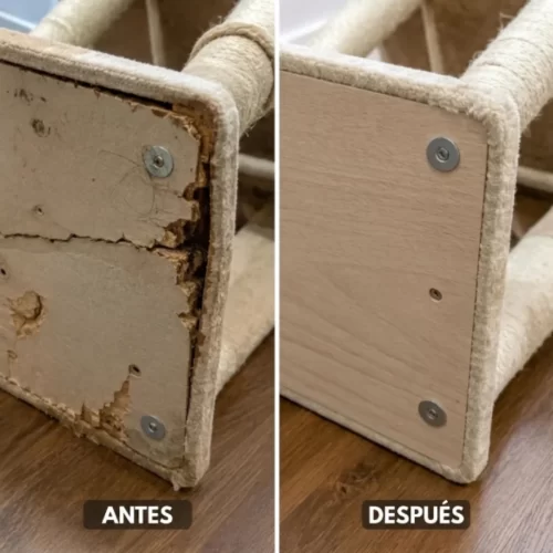 Comparação antes e depois de reparar a base danificada do arranhador