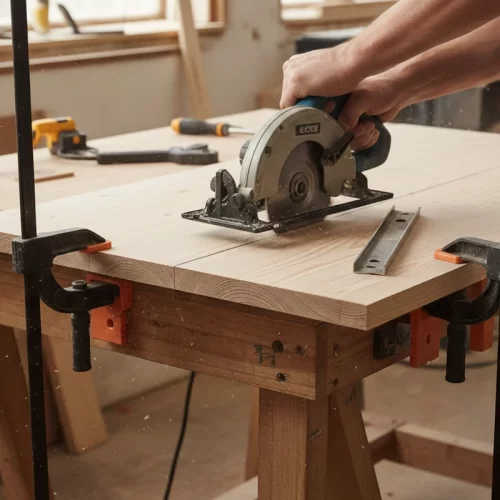 Corte do painel do tampo com uma serra circular e grampos de fixação