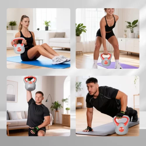 Quatro imagens de pessoas a treinar em casa com um peso russo cinzento e vermelho de 14 kg em diferentes exercícios.