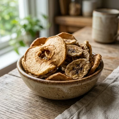 Taça com chips de maçã e banana desidratadas, mostrando a textura da fruta seca.