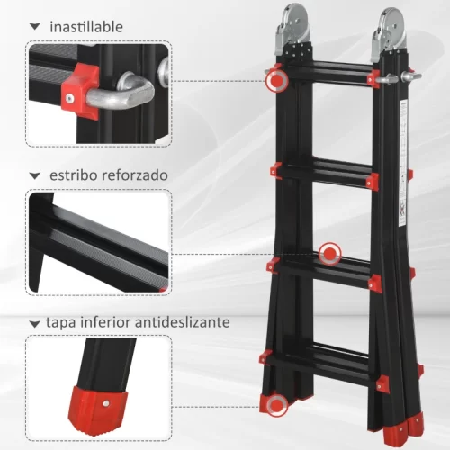 Detalhe das características de segurança de uma escada de alumínio com degraus resistentes, apoio reforçado e base inferior antiderrapante