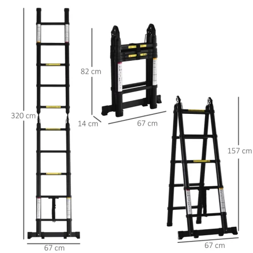 Diagrama das medidas de uma escada telescópica de alumínio com 320 cm aberta, 82 cm fechada e 157 cm em modo escadote