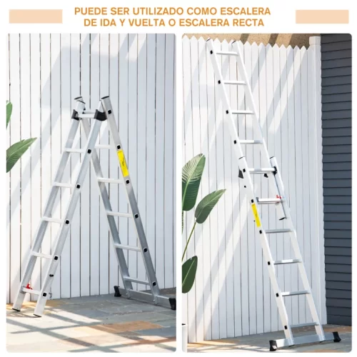 Escada extensível de alumínio utilizada como escadote de duas faces ou como escada reta apoiada na parede