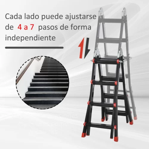 Escada multiusos articulada com cada lado ajustável de 4 a 7 degraus, ideal para escadas interiores e zonas com diferentes alturas