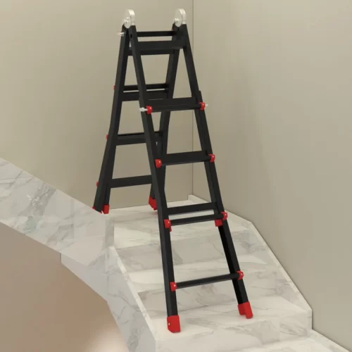 Escada multiusos dobrável colocada sobre umas escadas de mármore graças às suas pernas ajustáveis de forma independente