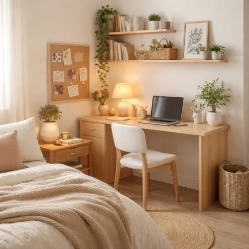 Secretária num canto do quarto com estantes e decoração acolhedora