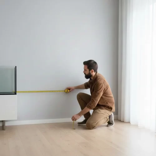 Espaço e tamanho: como encontrar o local adequado - homem a medir a parede para colocar o suporte do aquário