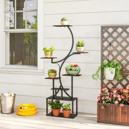 Estante para Flores de Metal de 8 Níveis em Forma de S – 158,5 cm, Preto
