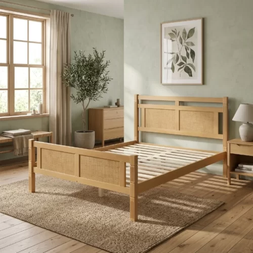 Estrutura de cama de madeira e vime com estrado de ripas