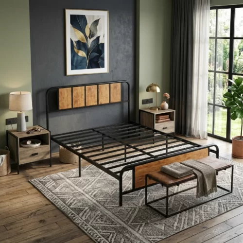 Estrutura de cama metálica de estilo industrial com cabeceira