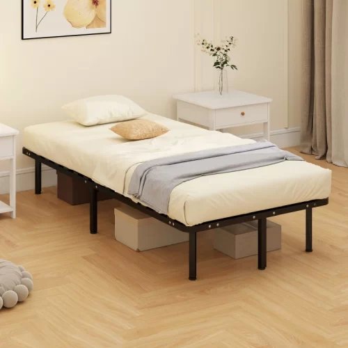 Estrutura de cama metálica desmontável com caixas por baixo