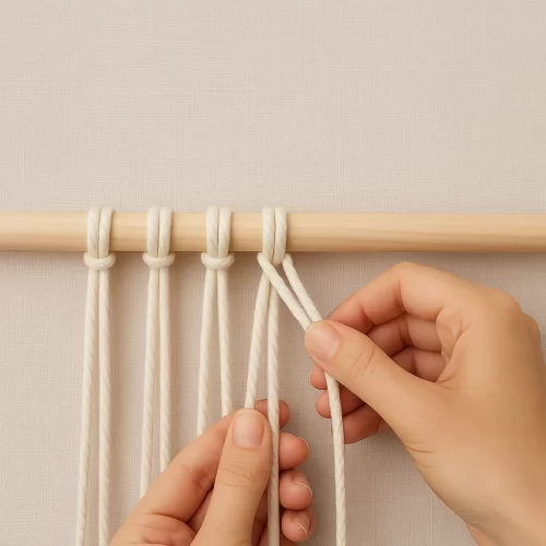 Fixação da corda de macramé com nós de cotovia à estrutura de madeira