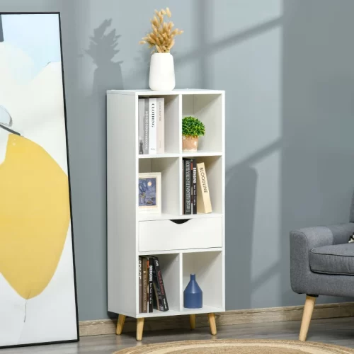 HOMCOM Estante com Gaveta e Pés de Madeira - Branco