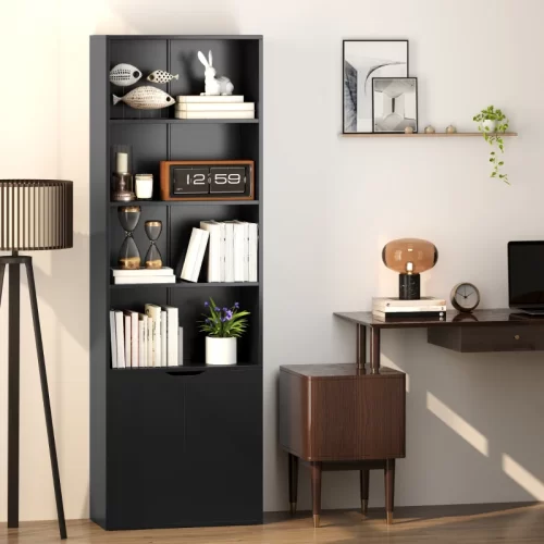 HOMCOM Estante de 6 Níveis com Portas - Preto