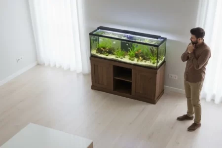Hombre observando un gran acuario de agua dulce sobre un mueble de madera