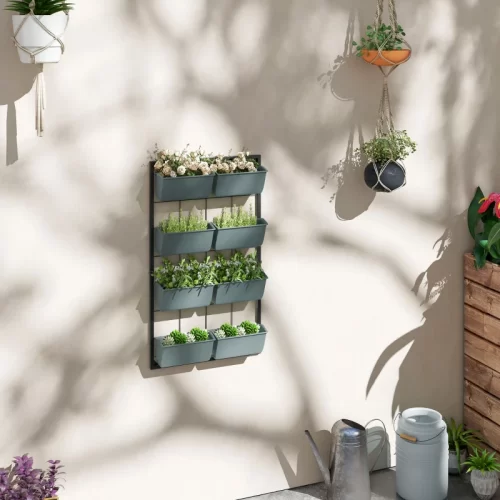 Horta Vertical de Parede de 4 Níveis com 8 Vasos – 52x14x90 cm, Verde Escuro e Preto