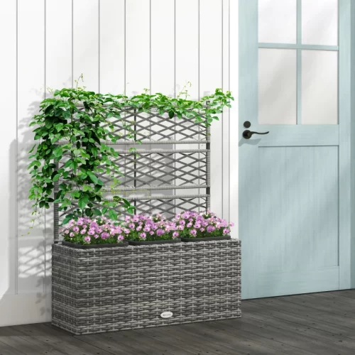 Floreira de resina entrançada com treliça - 84x30x107 cm, cinzento, 3 recipientes