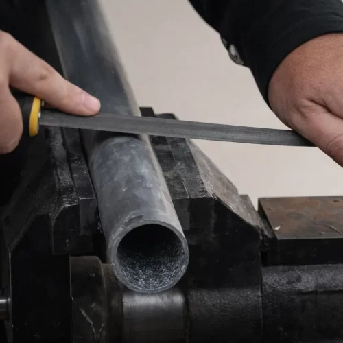 Lima para metal a retirar o revestimento de zinco do tubo central antes da soldadura