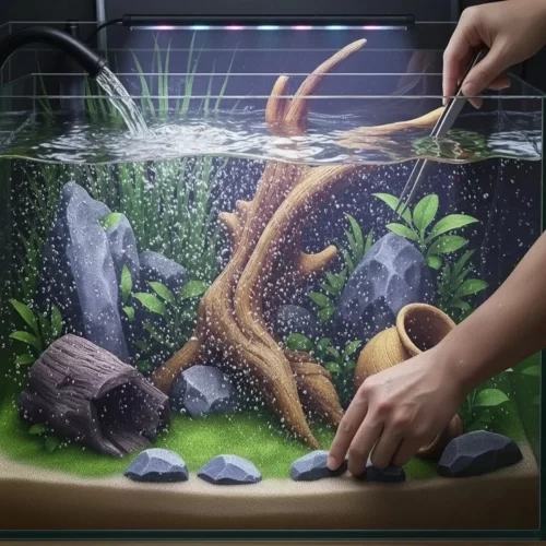 Mãos a ajustar pedras e plantas enquanto o aquário é enchido.