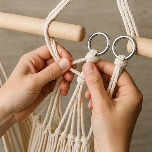 Mãos a prender cordas de macramé a argolas metálicas durante a montagem da cadeira suspensa