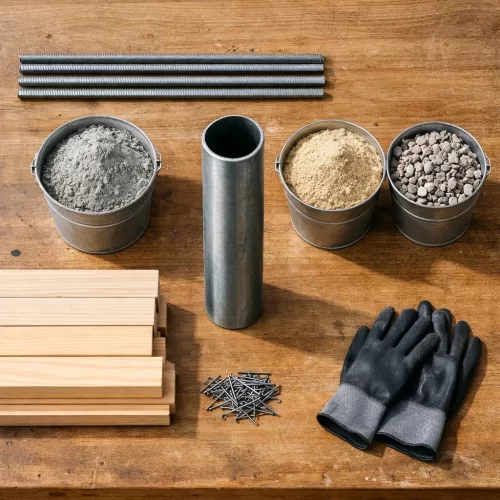 Materiais necessários para fazer uma base para guarda-sol: varão roscado, tubo, cimento, areia, brita, madeira e luvas