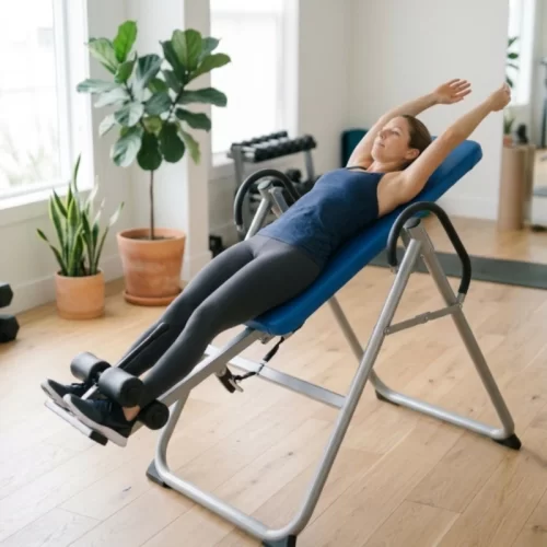 Mulher com uma ligeira inclinação numa mesa de inversão com os braços estendidos