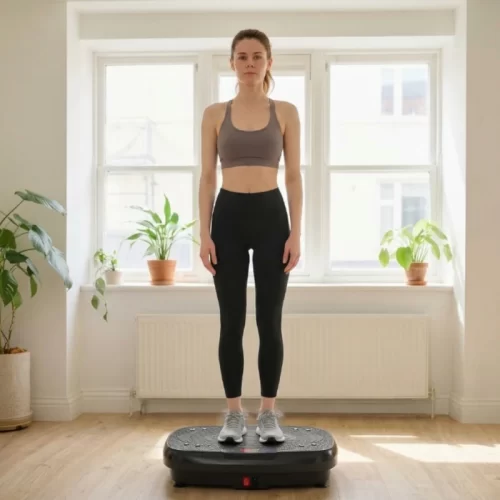 Mulher em pé sobre uma plataforma vibratória a praticar o equilíbrio com os braços relaxados.