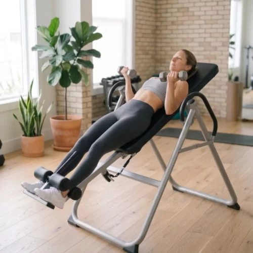 Mulher a fazer curl de bíceps com halteres numa mesa de inversão
