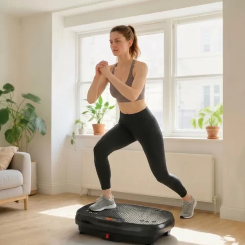 Mulher a manter a posição de afundo sobre uma plataforma vibratória preta.
