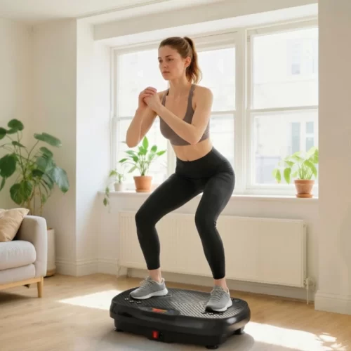 Mulher a manter um agachamento estático sobre uma plataforma vibratória.