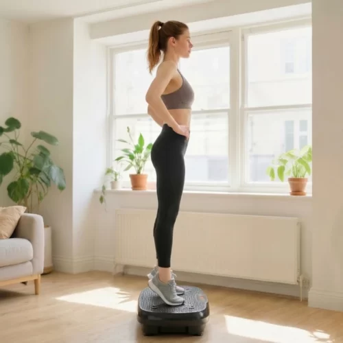 Mulher a realizar uma elevação dos calcanhares de perfil sobre uma plataforma vibratória.