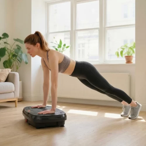 Mulher a manter uma posição de flexão com as mãos sobre a plataforma vibratória.