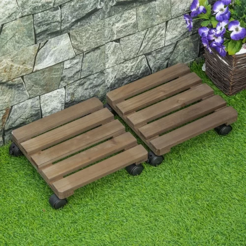 Conjunto de 2 Plataformas com Rodas de Madeira – Carga 50 kg, Castanho Escuro