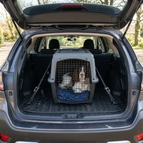 Cão numa transportadora aberta colocada na bagageira do carro