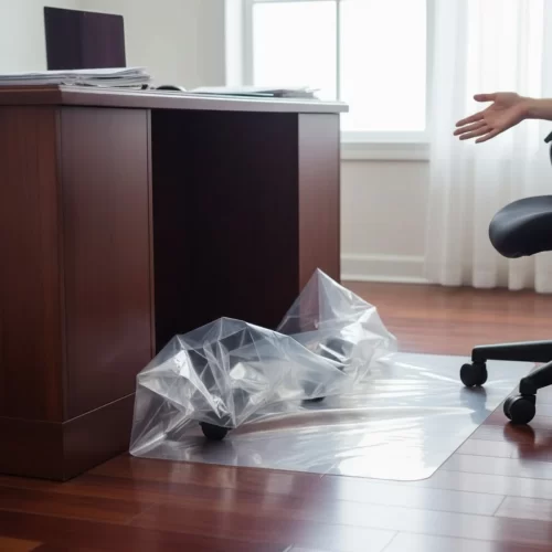 Cadeira de escritório sobre um tapete transparente colocado num piso duro