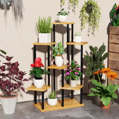 Suporte para Plantas de 7 Níveis – Aço e Madeira, Madeira Natural