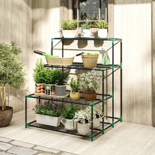 Suporte para Plantas de 4 Níveis com Design em Escada e Estrutura Metálica, Verde
