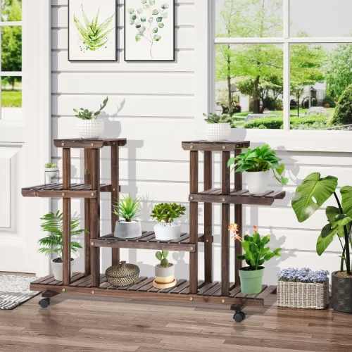 Suporte para Plantas de 4 Níveis com Rodas – Madeira 123,5x33x80 cm, Castanho